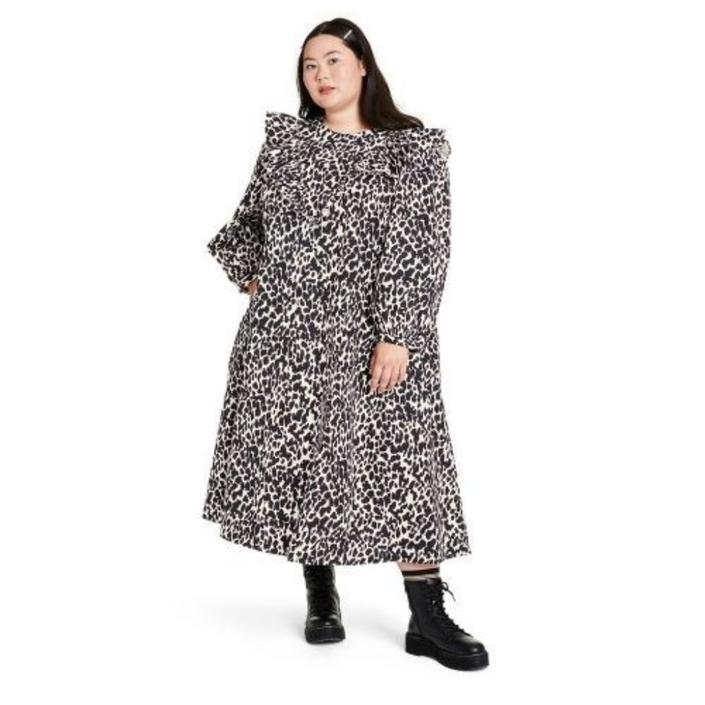 Women's Plus Size Leopard Print Long Sleeve Dress - Sandy Liang x Target White/B